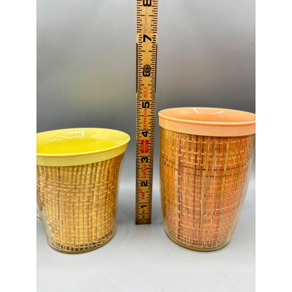 Vintage Raffia Weave Insulated Plastic Mugs Set of 5 Pastel Ice Bucket